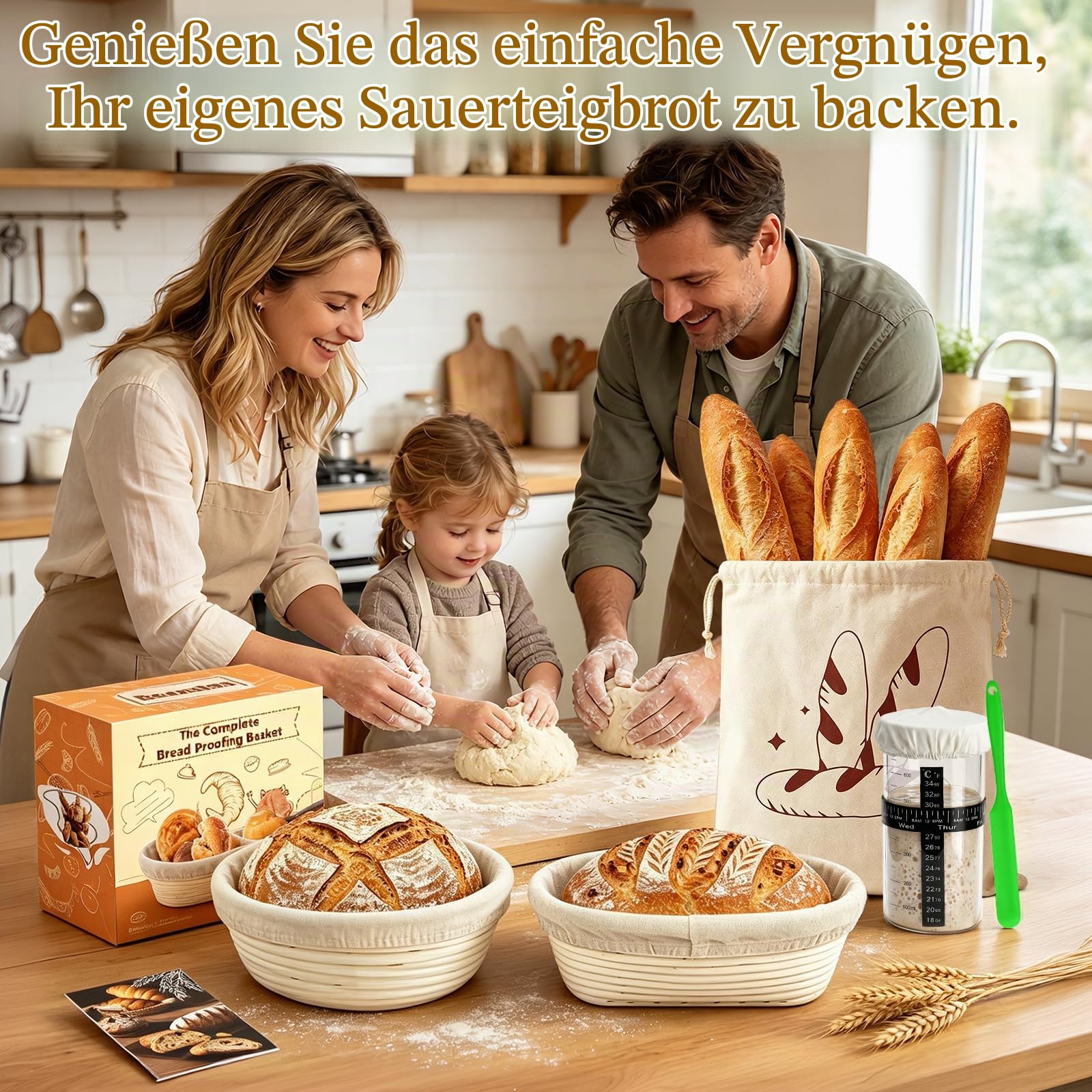 Sauerteig Starter Set,37-Teiliges Brot Backen Zubehör mit 2 Gärkörbchen (23cm Runde & 25cm Ovale) 700ml Gärglas,Teigschaber,Rostmesser,Gärtuch & mehr Sauerteig Zubehör Gärkörbchen Set