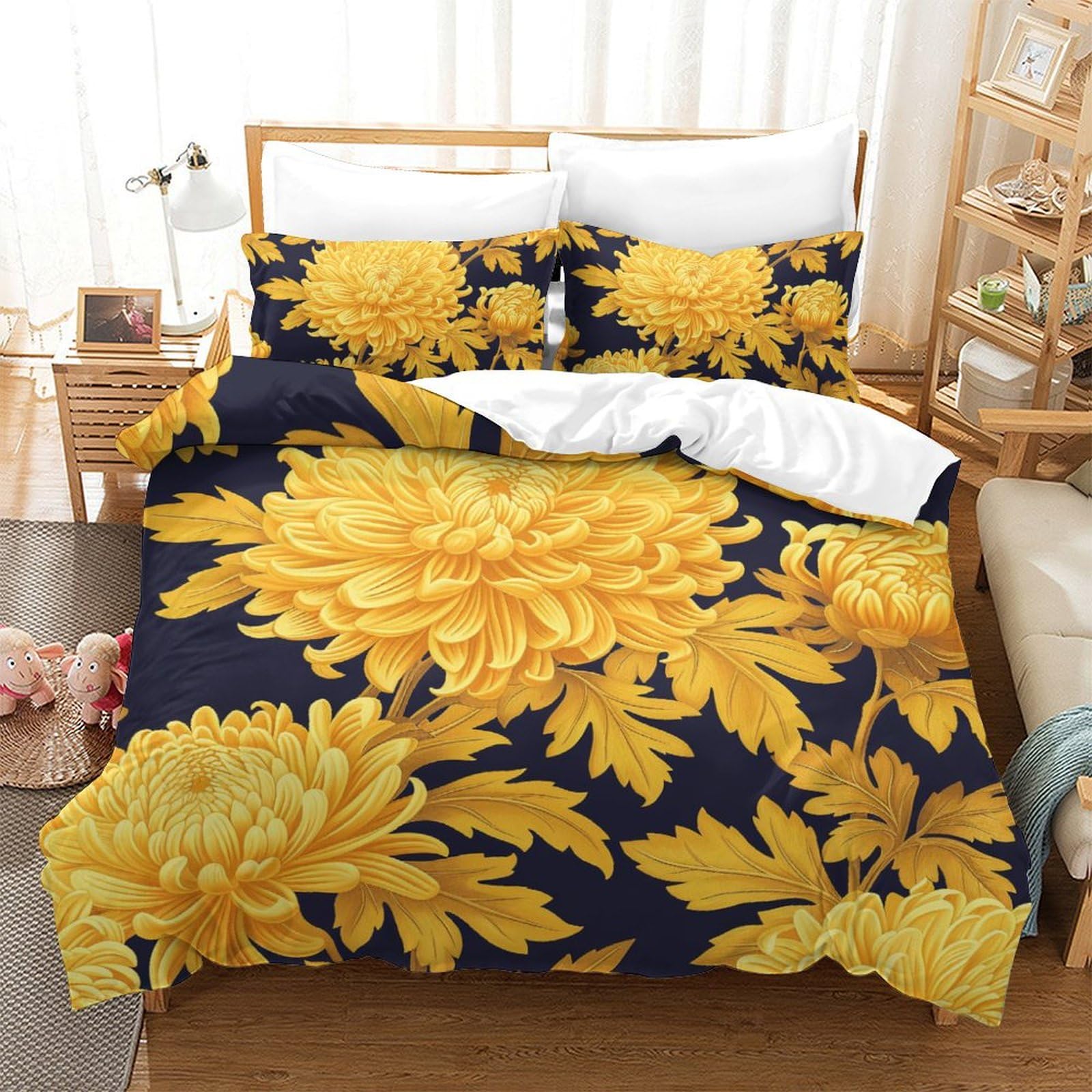 Housses de couettes 3 pièces imprimé 3D chrysanthème parure de lit double microfibre 200x200