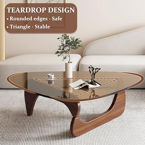 Miniatura 6 de Mesa auxiliar triangular con base de madera, tapa de vidrio transparente, mesa auxiliar abstracta para sala de estar, oficina (grande, 45 x 32.3 x