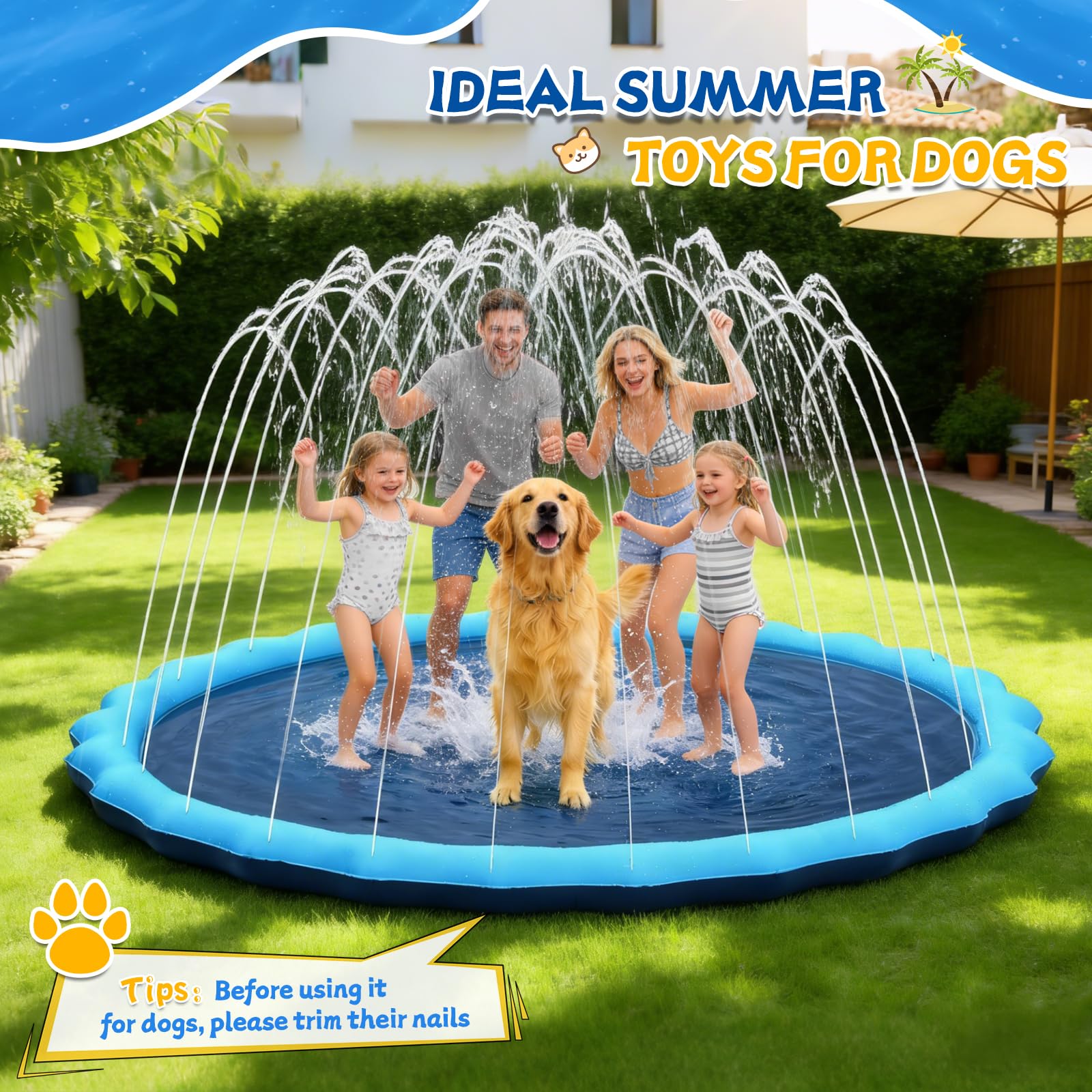 322,6 cm extra großes rutschfestes Spritzpad Sprinkler für Kinder und Hunde, Kiddie Dog Pool, Kid Outdoor Spielzeug für Kinder im Alter von 3–12 Jahren, Sommer Outdoor Wasser Kinder Spielzeug