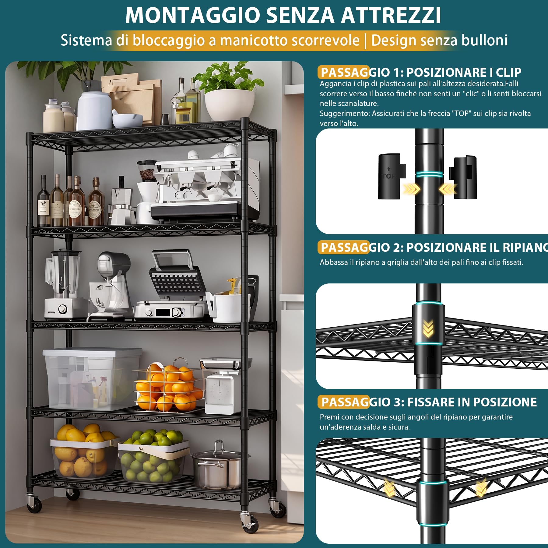 Himimi Scaffale Metallico con Ruote 5 Ripiani, Altezza Regolabile, Scaffalatura Robusta per Carichi Pesanti, Scaffale a Griglia per Cucina, Cantina, Ufficio & Bagno,116×45×187 cm Nero