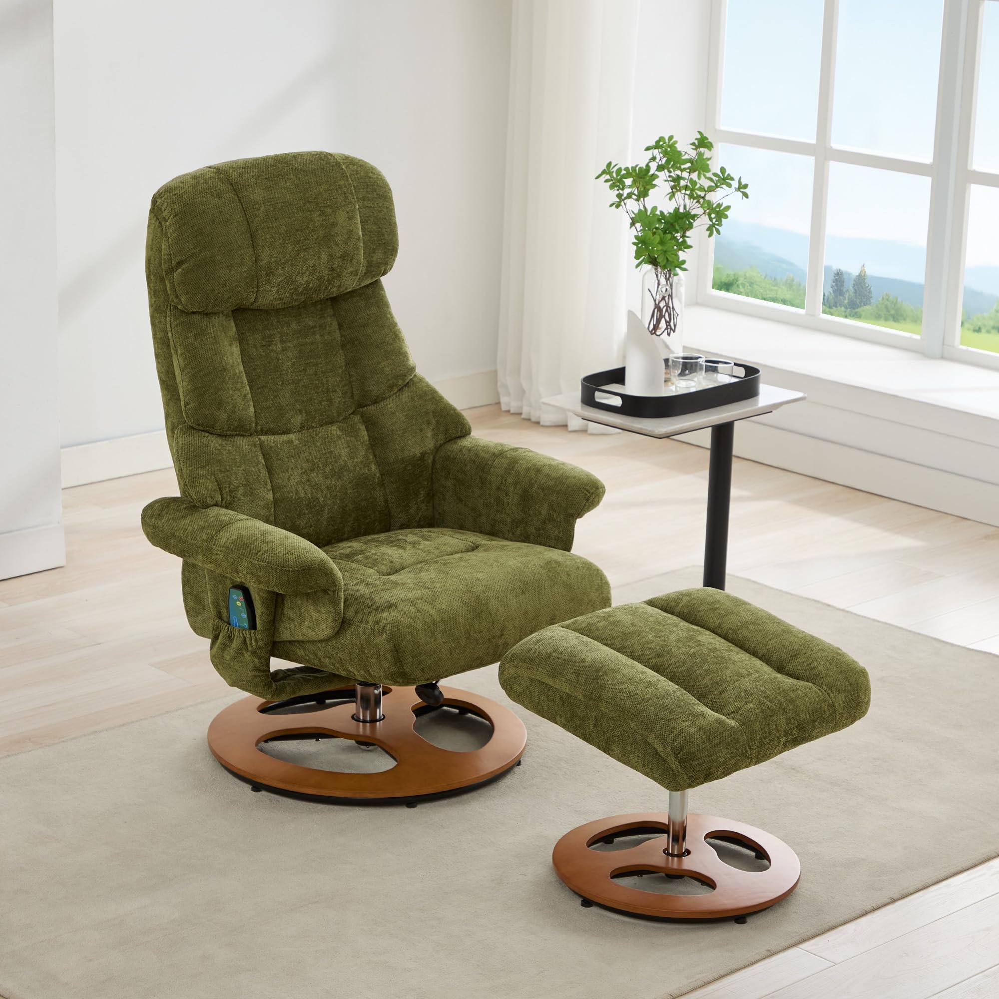 LAKFEW Sillon Relax Reclinable Electrico con Reposapiés, Sillon Relax Girar 360° con Masaje y Función de Calefacción, Sillón Reclinable Butaca Sillones para el Salón, Chenilla, 81x126x111 cm, Verde