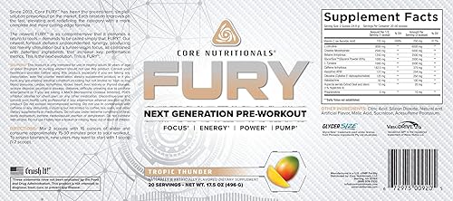 Miniatura 2 de Core Nutritionals Fury Platinum - Intensificador preentrenamiento con 375 mg de cafeína, monohidrato de creatina 5G, L-citrulina 6G para máxima