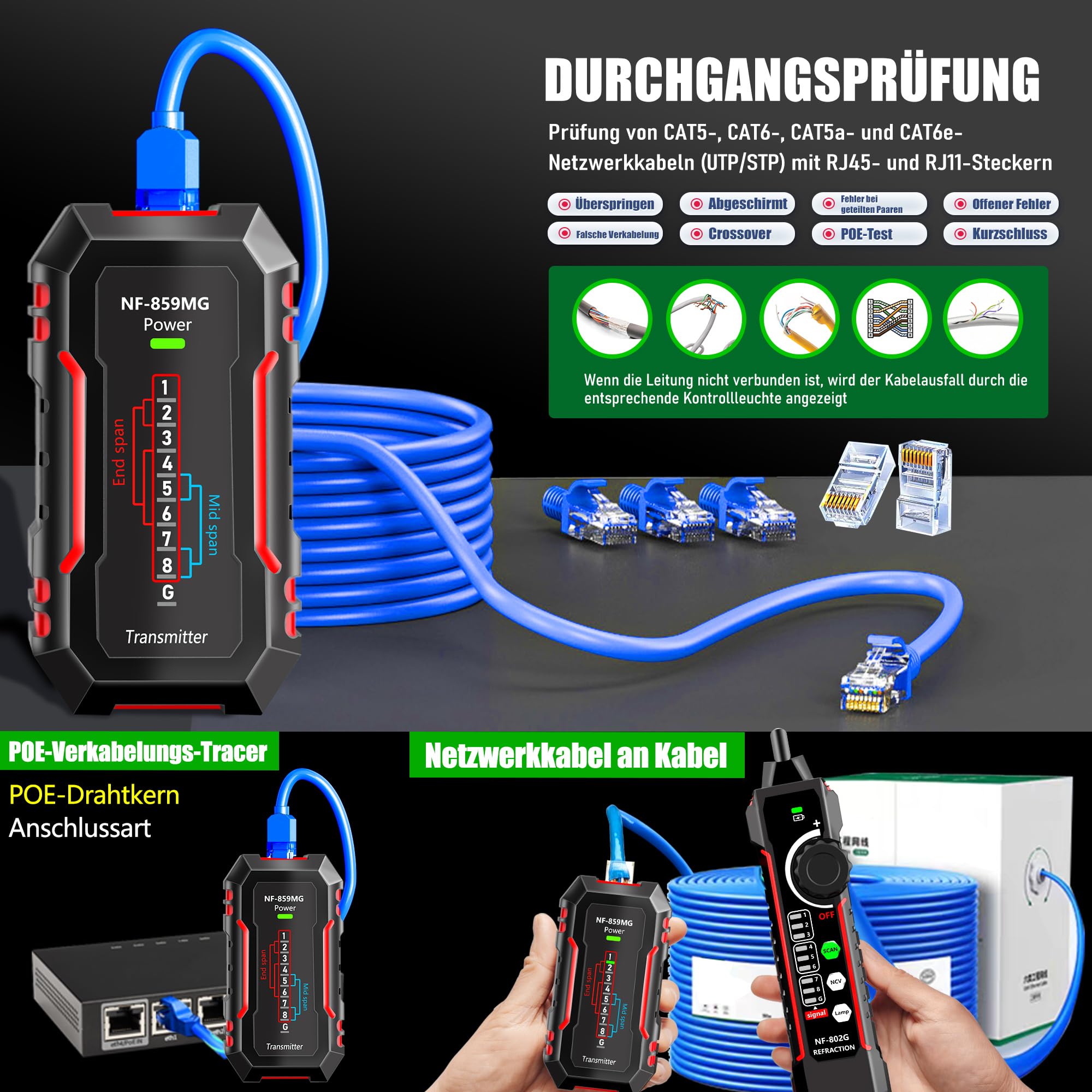 Netzwerkkabel-Tester, Ethernet-Kabel-Tester, Leitungsfinder, Tongenerator, Kabel-Tracer, NCV/LAN/POE/RJ45/RJ11/Cat5/Cat6/Cat3-Netzwerke, Kabelprüfung und Telefonleitungsprüfung NF-802MG