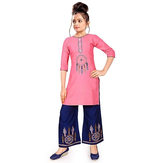 PIXIE FASHION Girls Rayon Embroidered Lining Kurti with Embroidered palazzo