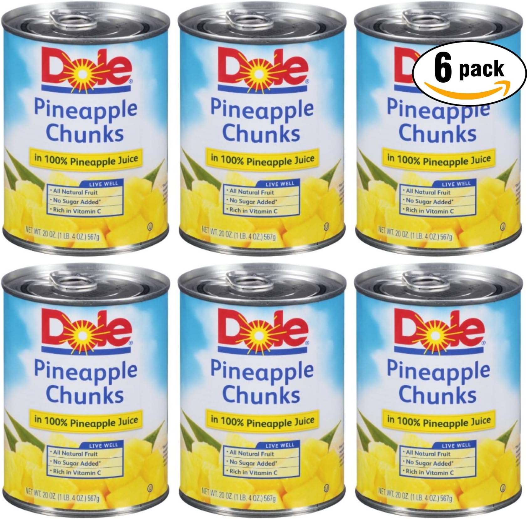 Dole Pineapple Chunks In 100% Pineapple Juice, 20oz Can (Pack of 6, Total of 120 Oz)