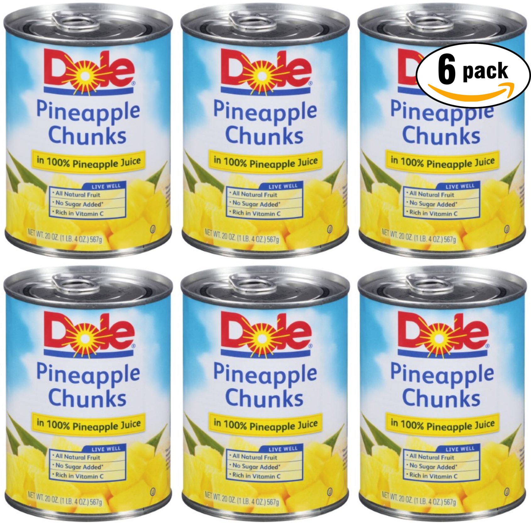 Dole Pineapple Chunks In 100% Pineapple Juice, 20oz Can (Pack of 6, Total of 120 Oz)