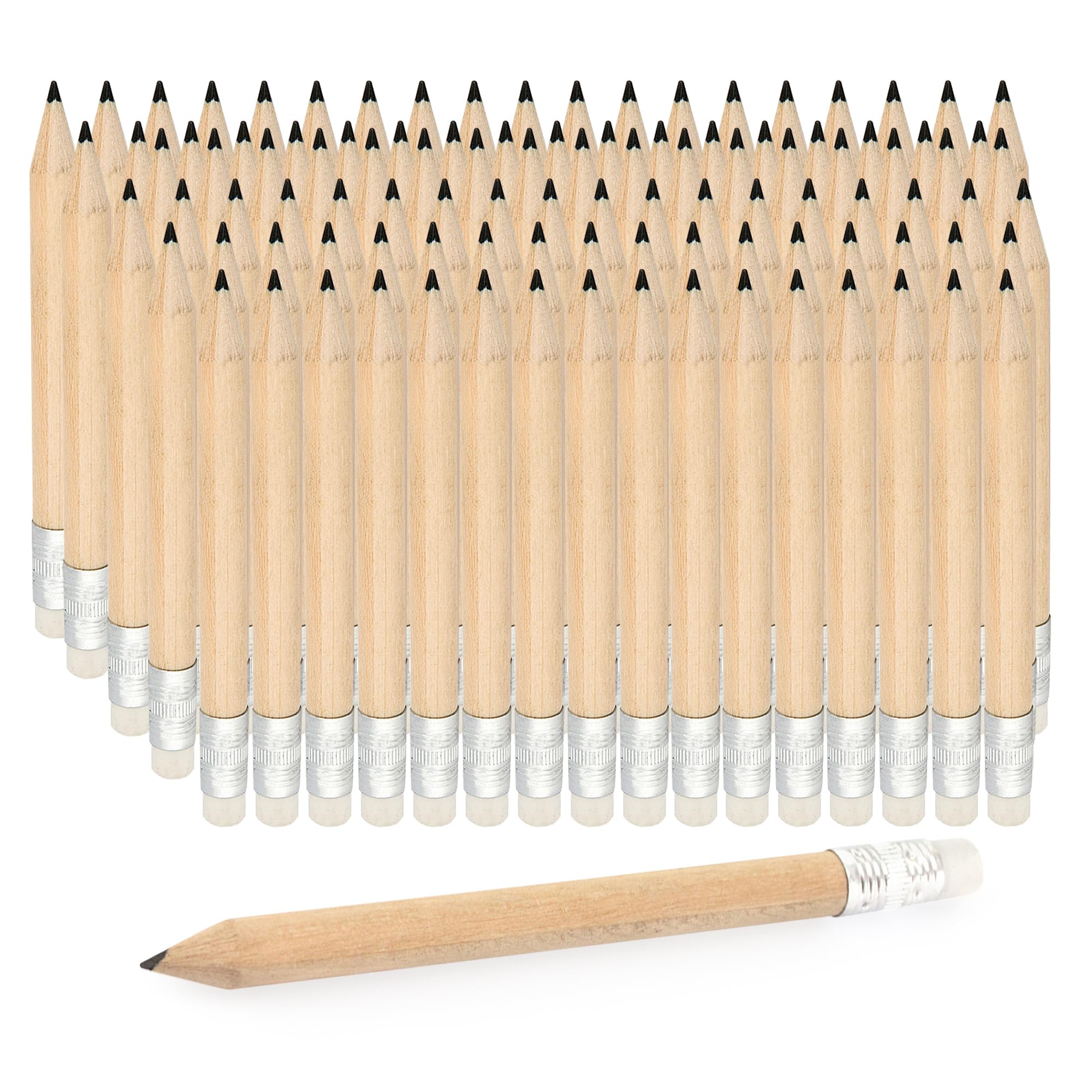 KUKURULLO Pack de 100 Mini lápices madera cortos Golf con goma de borrar - Caja de 100 lápices de madera - Pack Lápices para Regalar en Congresos, Reuniones y Fiestas Cumpleaños Niños