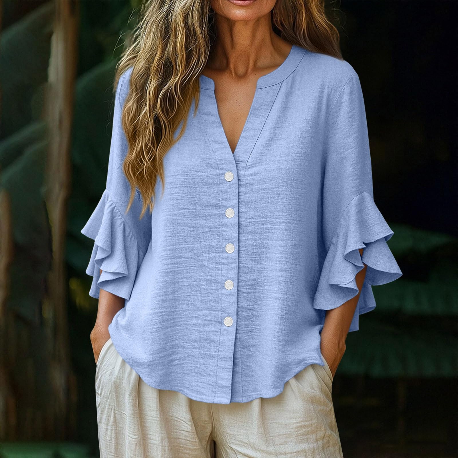 3/4 Ruffle Sleeve Cotton Linen Shirts for Women Dressy V Neck Beach Tunic Tops Elegant Summer Casual Work Blouses - 3