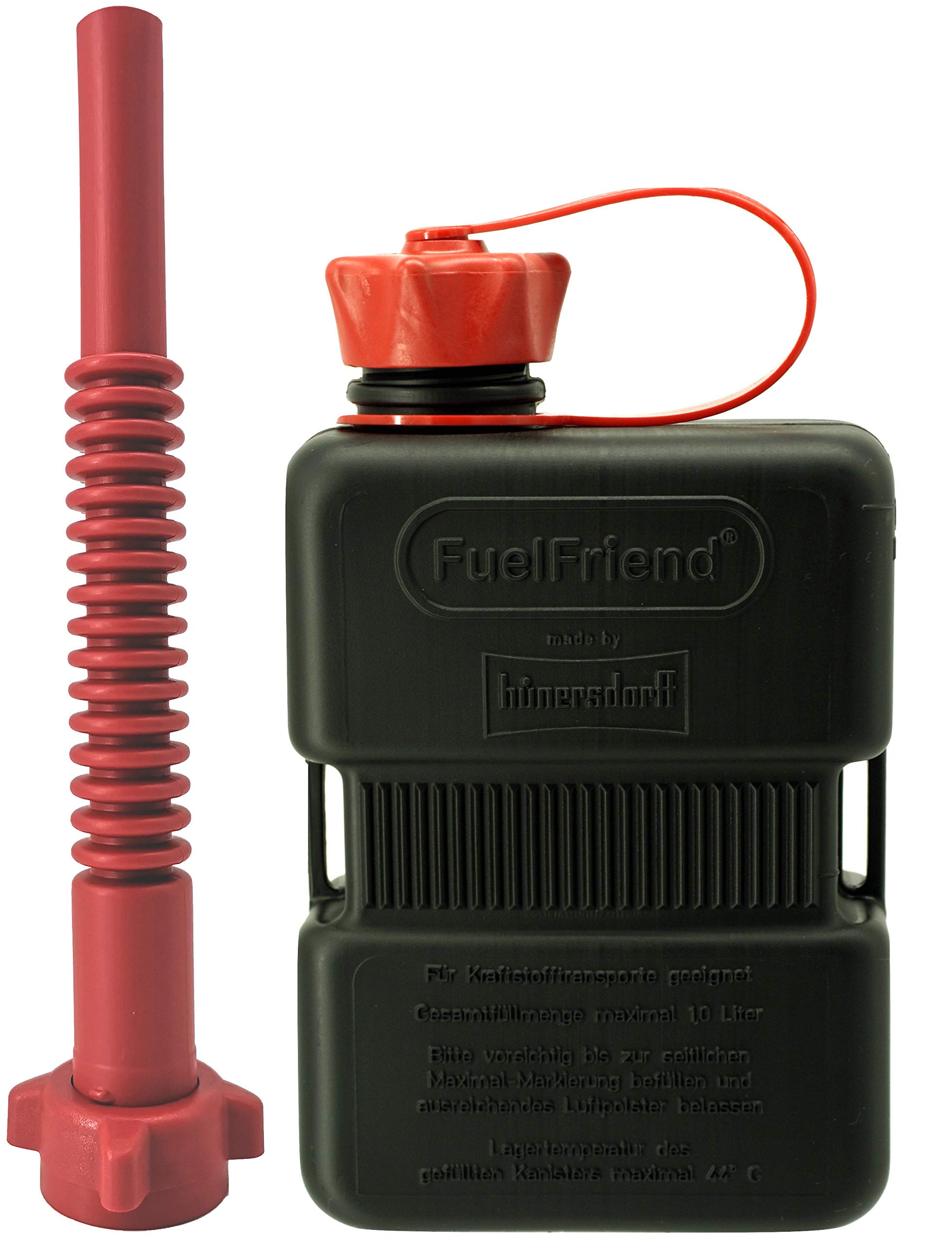 FuelFriend® -Plus 1.0 Litre – Special Series Black – Small Petrol Can Mini Reserve Canister + Flexible Premium Outlet Pipe