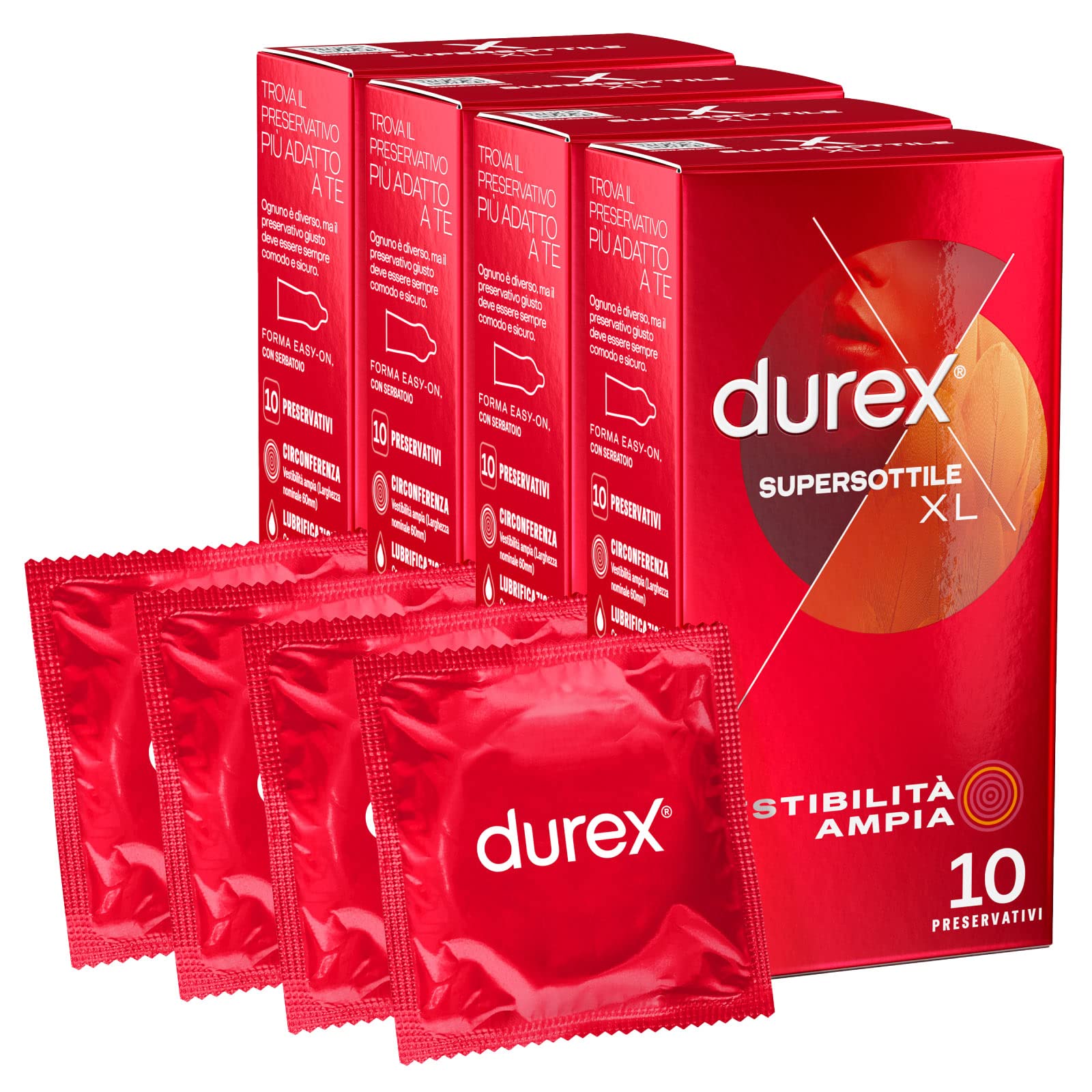 Durex Supersottile XL Preservativi Extra Large Uomo Lattice di Gomma Naturale Trasparenti Lubrificati Forma Easy-On con Serbatoio Vestibilità Ampia Spessore Sottile - 4 Confezioni da 10 Profilattici