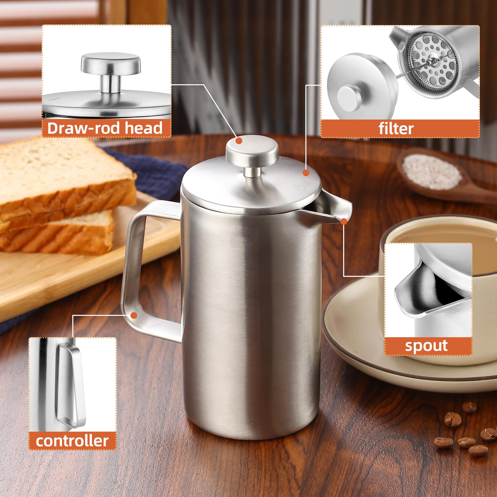 Misichao Petite cafetière à piston 2 tasses Argenté 350 ml | Cafetière isotherme en acier inoxydable avec système de filtration à 3 niveaux, cafetière manuelle