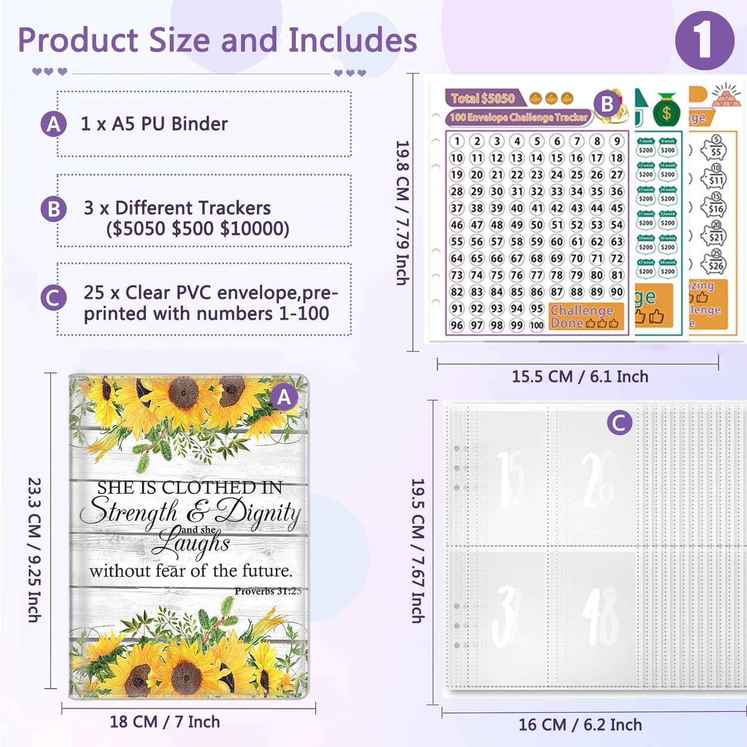 100 Envelopes Money Saving Challenge Binder, A5 Budget Binder with 25 pcs Cash Envelopes, 3 pcs Reusable Laminated Trackers Saving $5050, $500, $10000, Money Organizer,Proverbs 31-25 Sunflowers