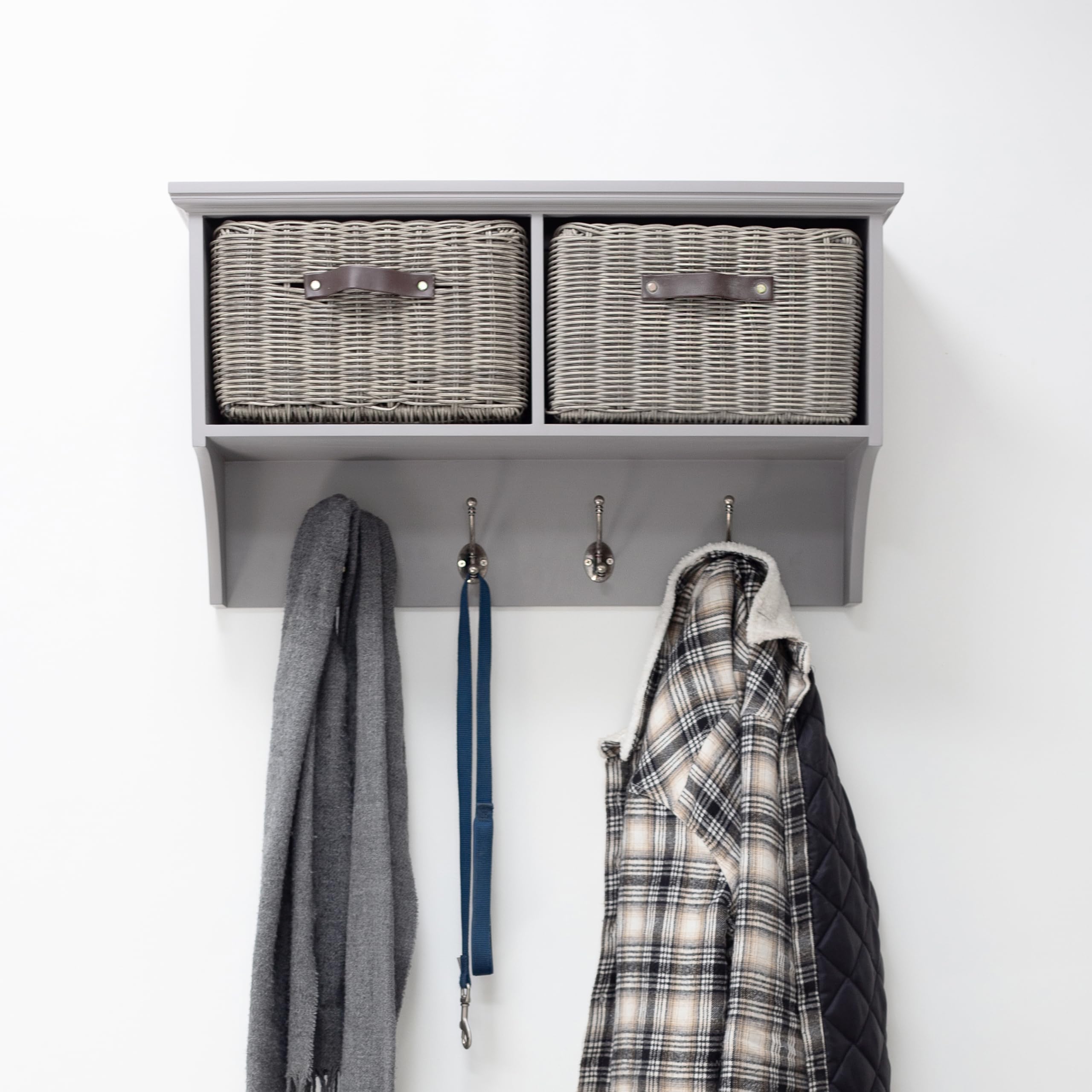 Tetbury Wall Mounted Coat Rack with Storage Baskets | Hanging Shelf 4-5 Double Hooks, Washable Baskets | Fully Assembled Hallway Furniture (Dove Grey, Small)