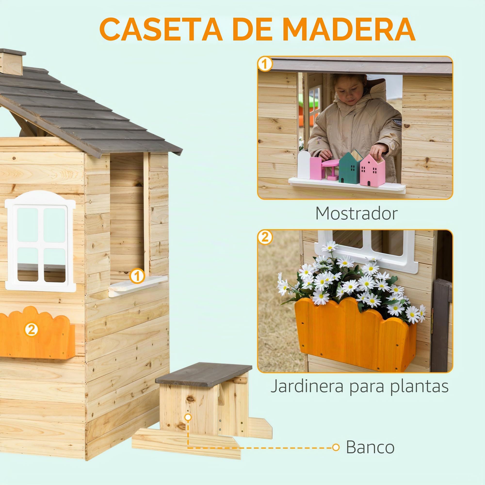 Outsunny Casa de Jardín Infantil de Madera Casa de Juegos Exterior para Niños de 3-7 Años con Ventanas 2 Jardineras y 1 Banco 113x94x134,5 cm Natural