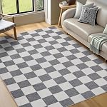 Area Rugs 5x7 for Living Room, Washable Low-Pile Checkered Boho Large Rug for Bedrooms, Non-Slip Soft Flat Print Plaid Carpet for Classroom, Dining Room, Office, Kids Playroom(Black and Camel)