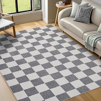 Washable Rug 5x7 ft Checkered Rug, Grey and White Area Rug, Boho Large Rugs for Living Room, Low Pile Lightweight Indoor Carpet with Non-Slip Backing for Bedroom Classroom Playroom Kids
