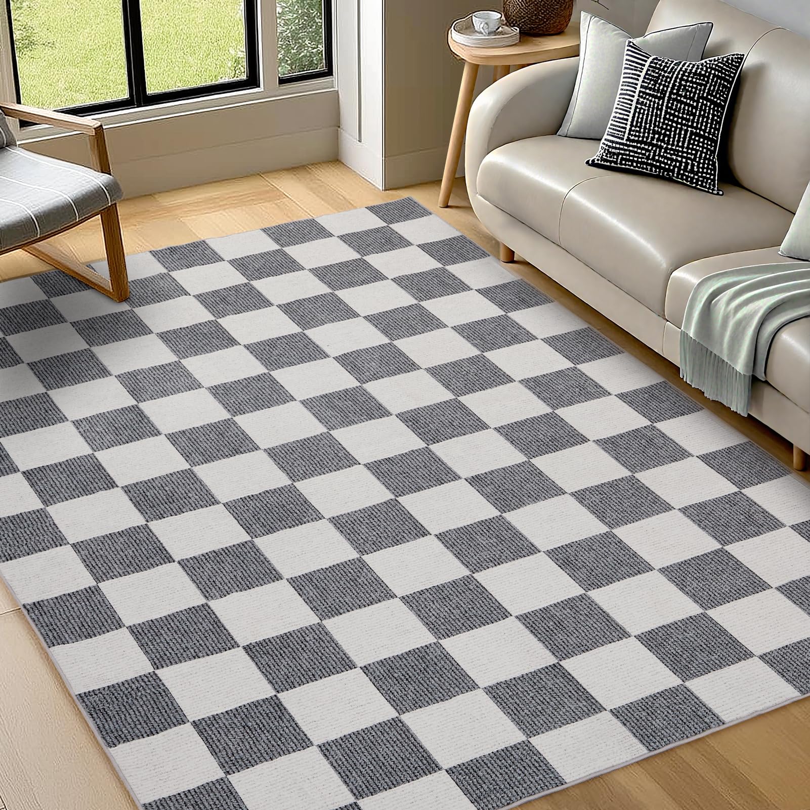 Tapis Bohème Carreaux Beige Et Blanc 152x213 Cm - Lavable Antidérapant Salon