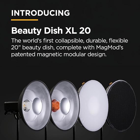 Beauty Dish XL 20 Pro Kit by MagMod, Collapsible Magnetic 20 Beauty Dish for Flattering Portrait & Studio Photography, Includes Bowens Mount, Grid & Diffusion Sock, Compatible with Godox & Profoto
