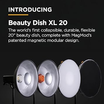 Beauty Dish XL 20 Pro Kit by MagMod, Collapsible Magnetic 20 Beauty Dish for Flattering Portrait & Studio Photography, Includes Bowens Mount, Grid & Diffusion Sock, Compatible with Godox & Profoto