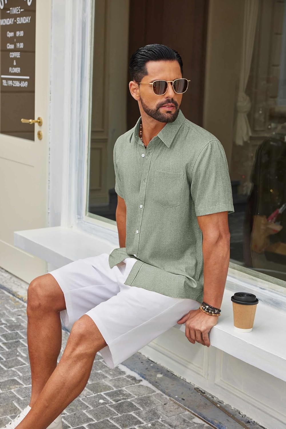 COOFANDY Mens Button Down Shirt Short Sleeve Casual Shirts Summer Beach Textured Shirts with Pocket - Image 3