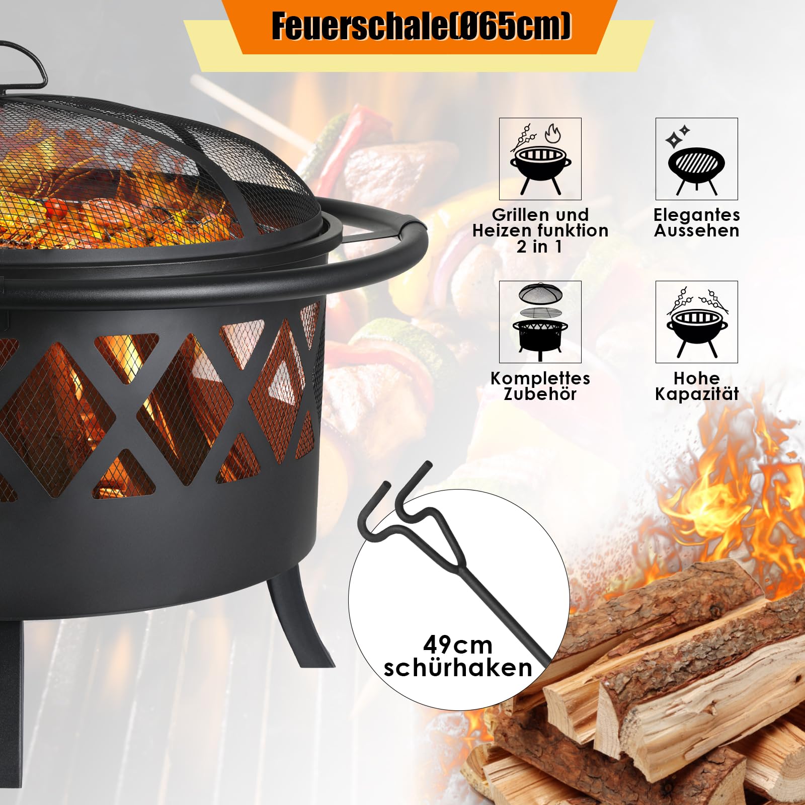 TLSUNNY Feuerschale, Feuerschalen für den Garten, Ø 81cm Feuerschale mit Funkenschutz und Schürhaken, Feuerkorb mit Grillrost(Ø 58cm), BBQ Feuerstelle Outdoor, für Gartengrills, Campingheizung, Groß
