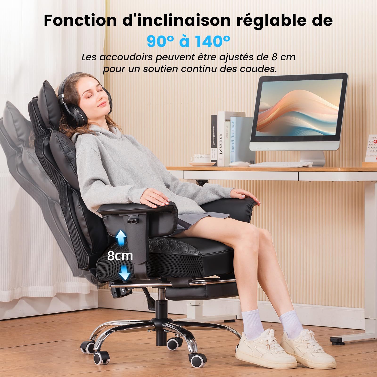 COMHOMA Chaise de gaming ergonomique, chaise de bureau avec accoudoirs réglables, soutien lombaire à ressorts pour grandes et hautes personnes, 150 kg, large assise, noir
