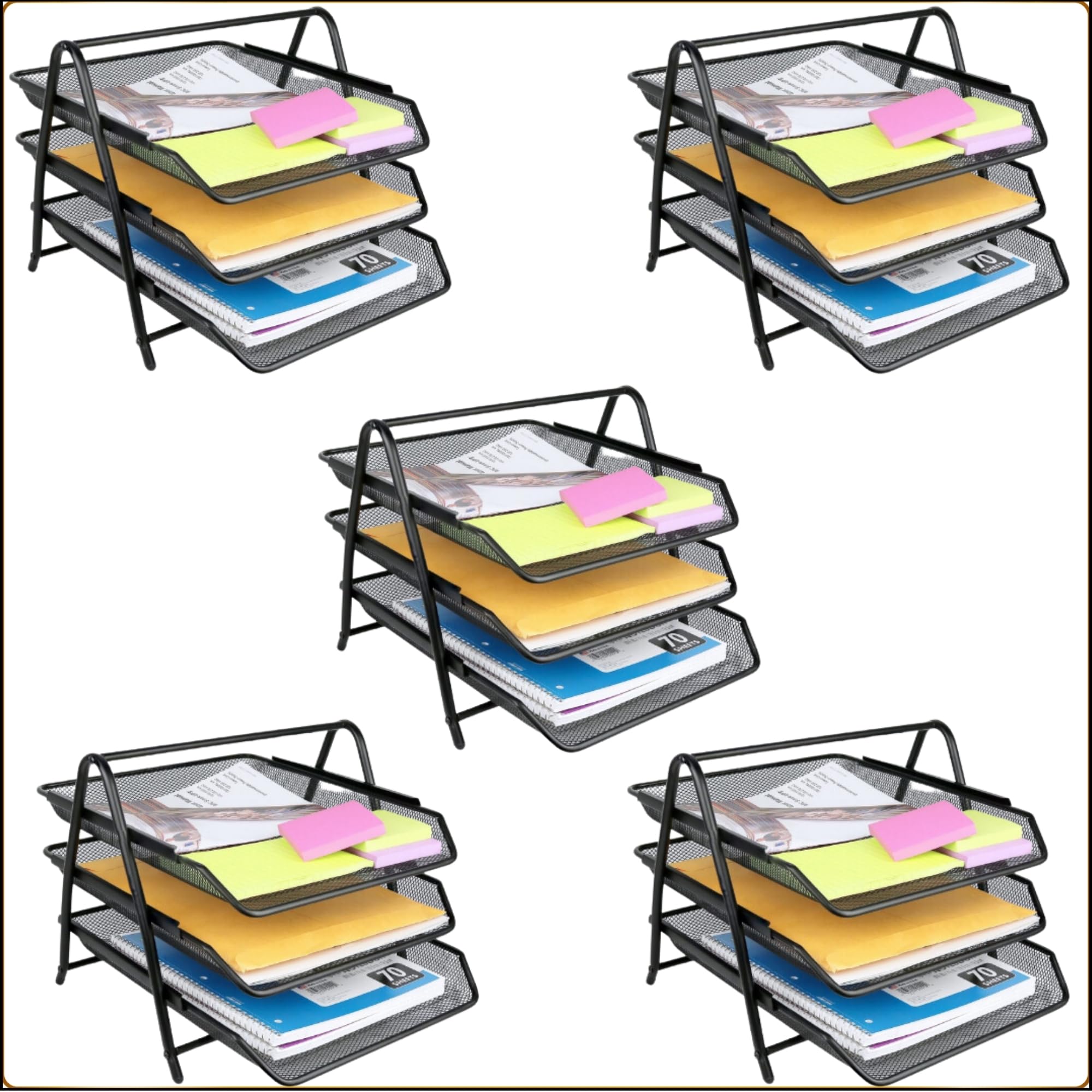 Novesto 3-Tier Metal Mesh Desk Organizer - Streamlined A4 Document and File Tray Rack for an Efficient and Organized Workspace (3-Tier, 5 Pack)