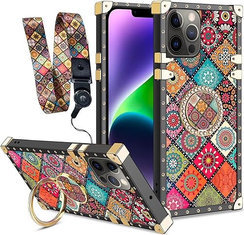 Miniatura 1 de Funda para iPhone 14 Pro (no 14 Pro Max), bonita funda cuadrada retro para niñas y mujeres con soporte de anillo, diseño de flores, esquinas