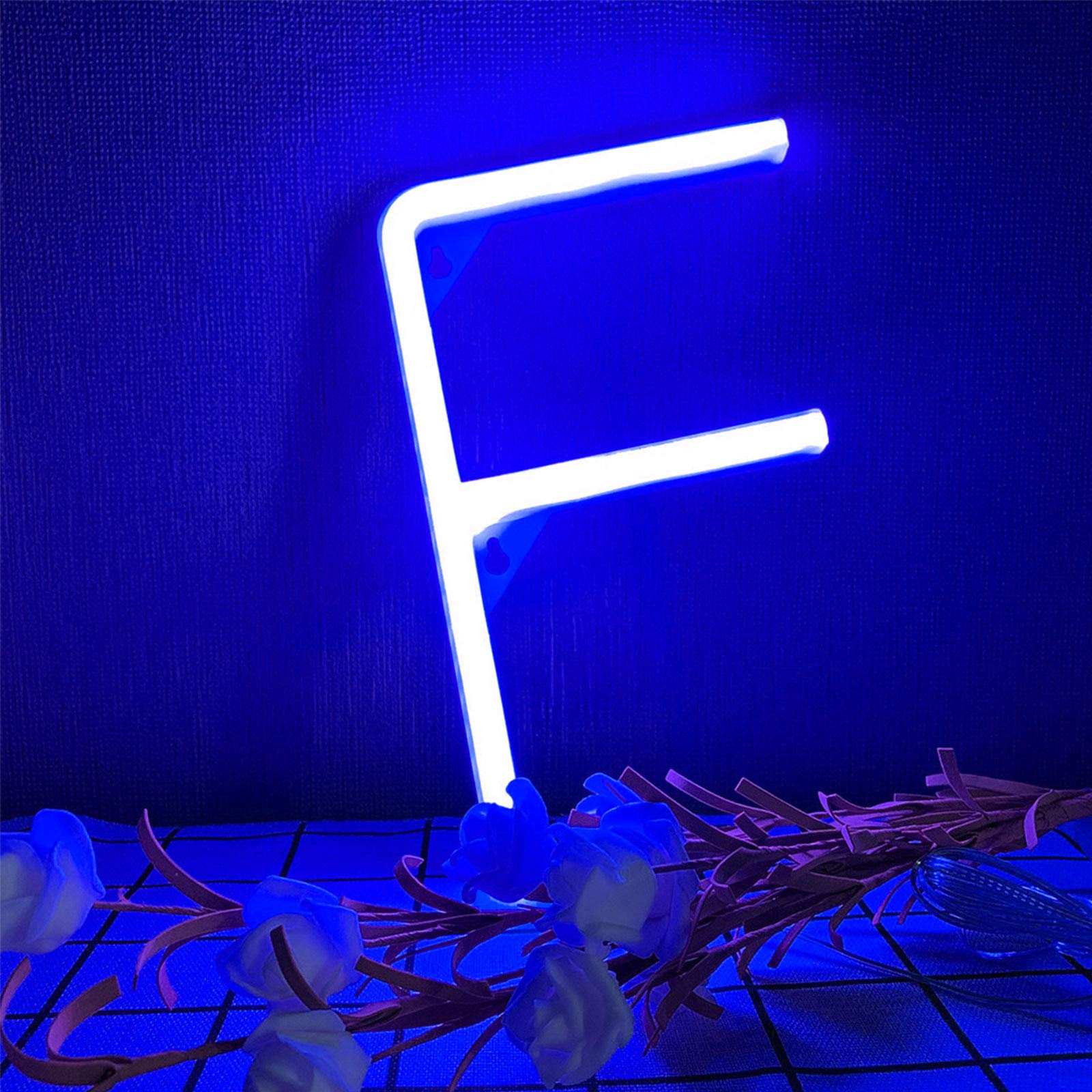ENUOLILED Blue Neon Letter Light Sign - Art Night Light Battery/USB Operated - Wall Decor Light up Words for Wedding, Birthday, Christmas, Home, Bar (F)