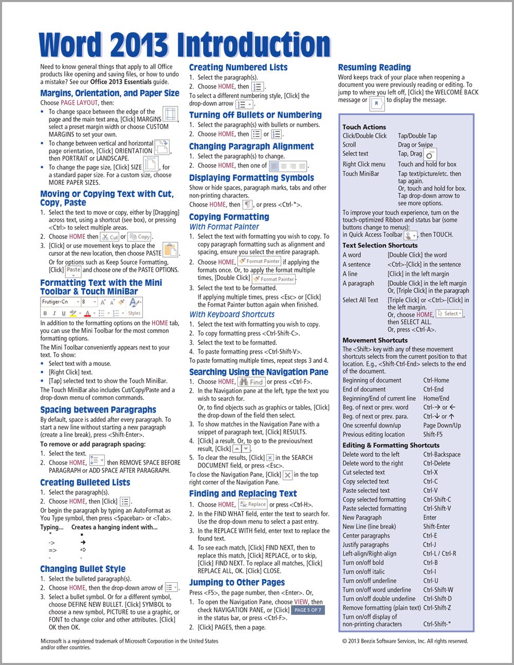 Microsoft Word 2013 Introduction Quick Reference Guide (Cheat Sheet of Instructions, Tips & Shortcuts - Laminated Card)