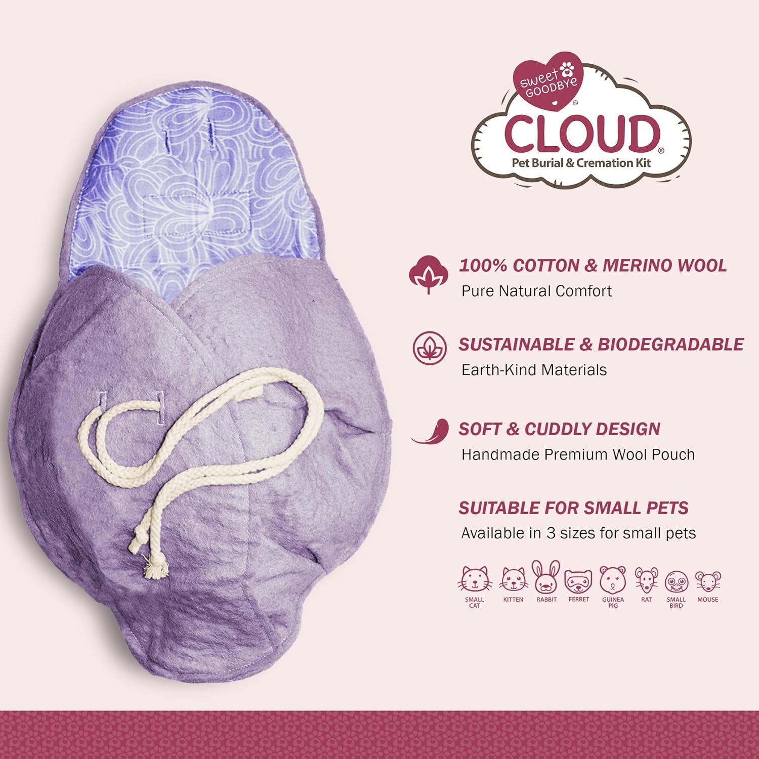 Cloud® Eco-Friendly Pet Burial & Cremation Ceremony Kit Casket for Smaller Pets: Rabbits Hamsters Gerbils Birds Reptiles, Small Cats (Choose Size & Color)(Small, Lavender)