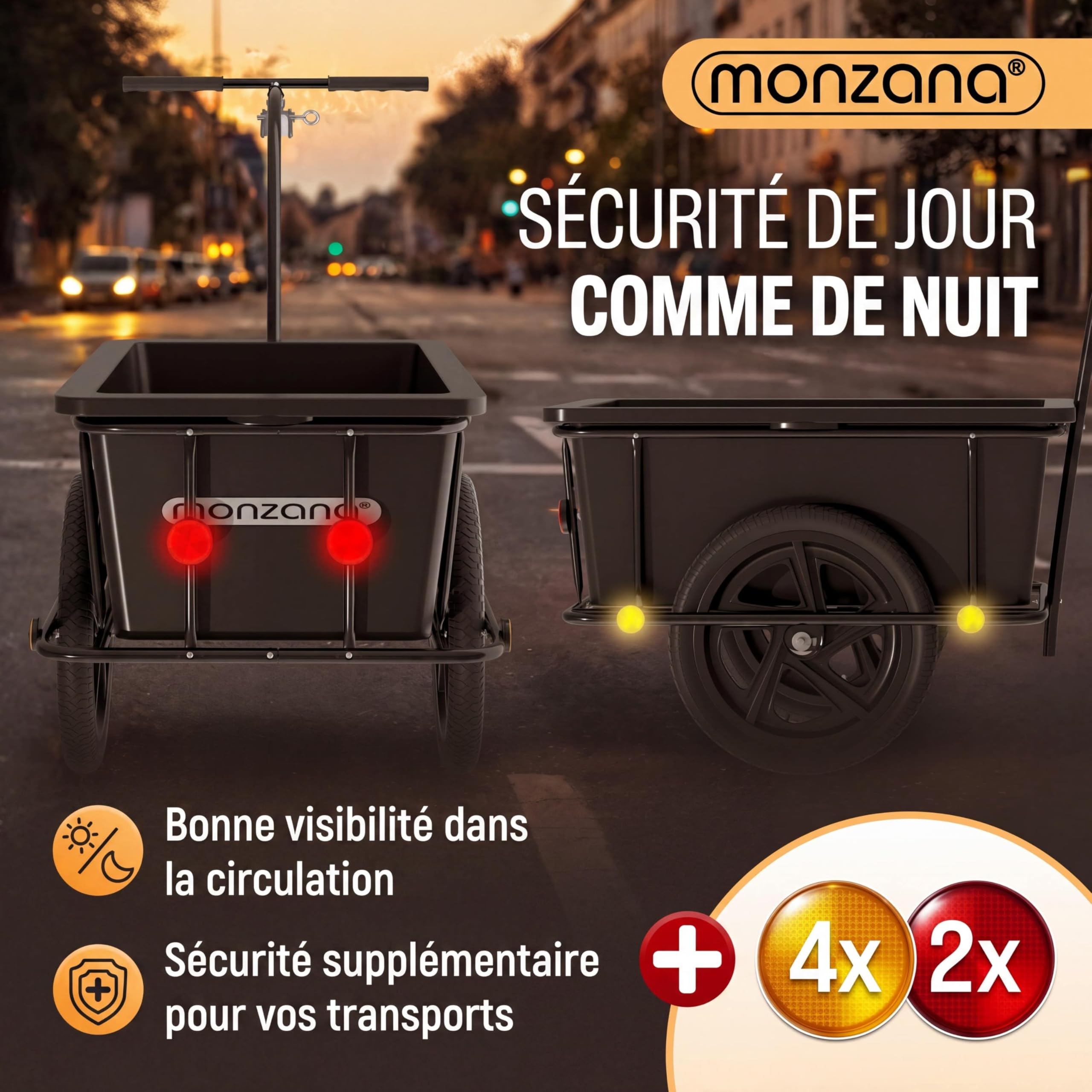 MONZANA Remorque Vélo Cuve 90L Amovible Bâche Barre Attelage Rotatif Réflecteurs Transport Chariot 80kg