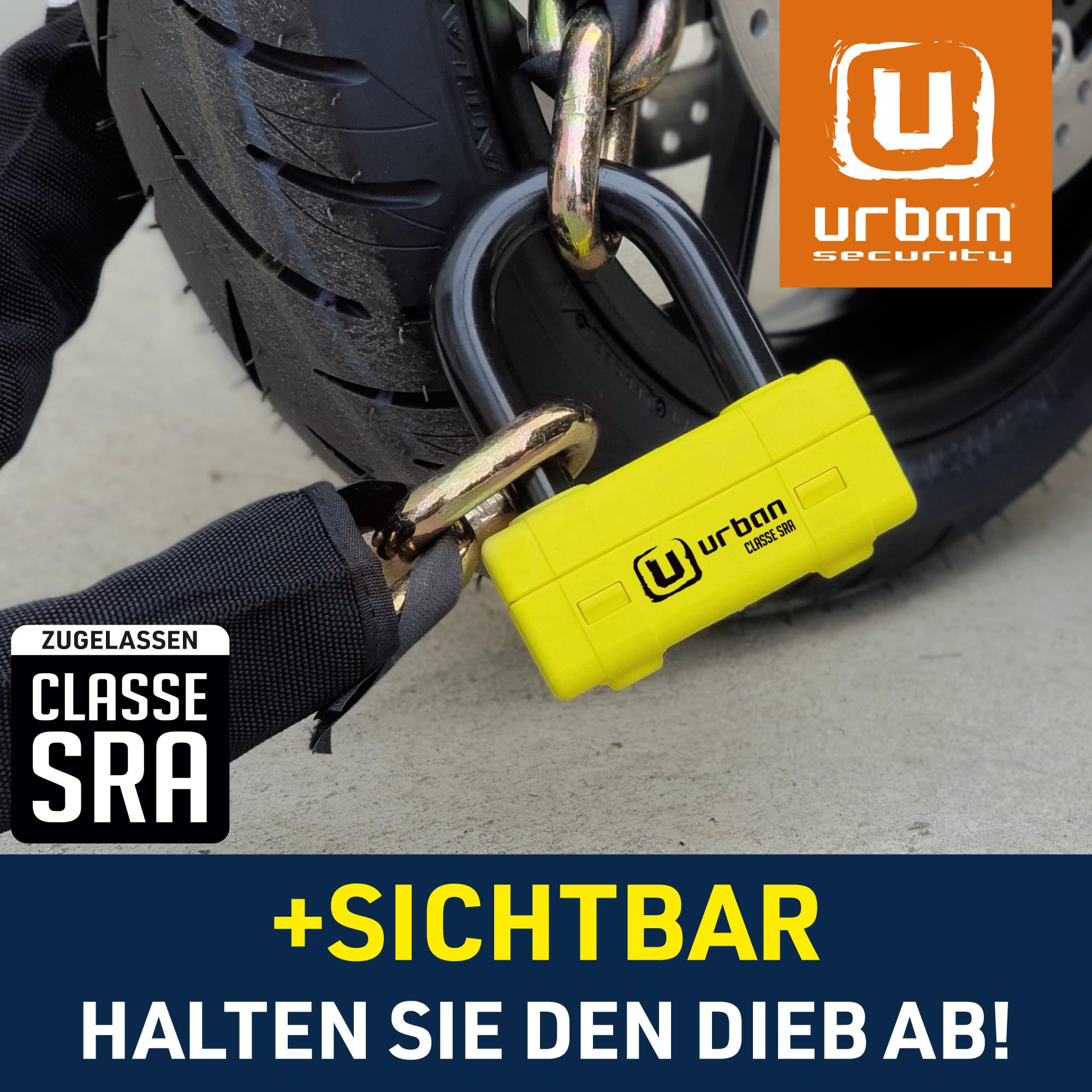 URBAN UR74120 Motorradschloss Scheibenschloss Hochsicherheits-Motorrad Diebstahl-Vorhängeschloss Diebstahlsicherung Homologiert SRA, Mini Bügelschloss + Kettenschloss ø13,5, 120 cm, Gelb