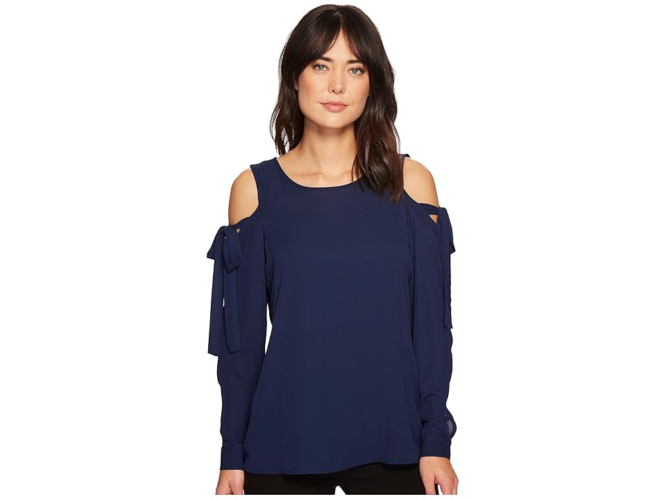

Ivanka Trump Woven Cold Shoulder Tie Sleeve Blouse (Black/Iris) Women's Blouse