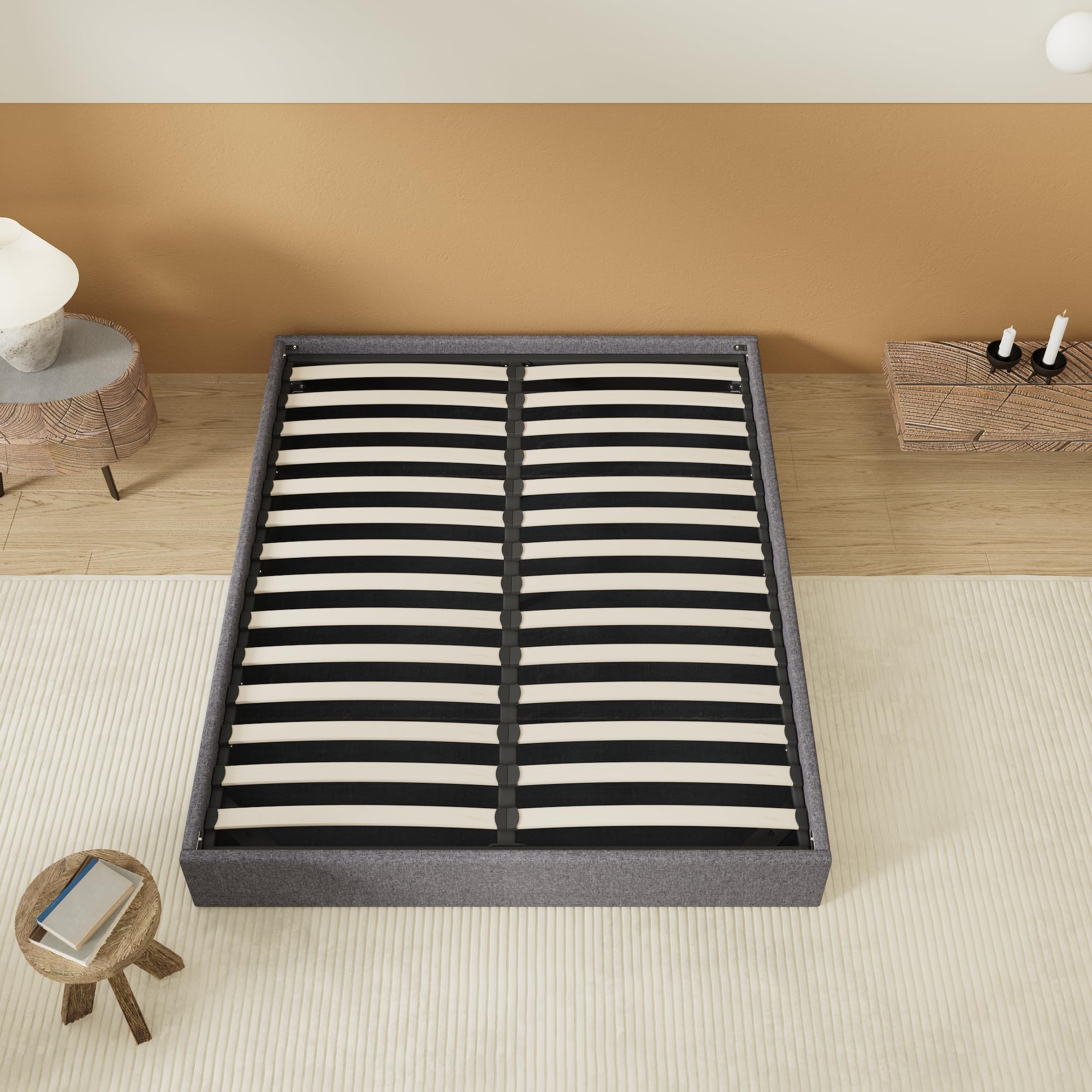NOVEMBER Letto Contenitore 120 x 190 cm, Rete a Doghe in Legno Flessibile, Struttura in Tessuto Grigio, Stabile e Robusto. Ampio Spazio di Stoccaggio sotto il letto.