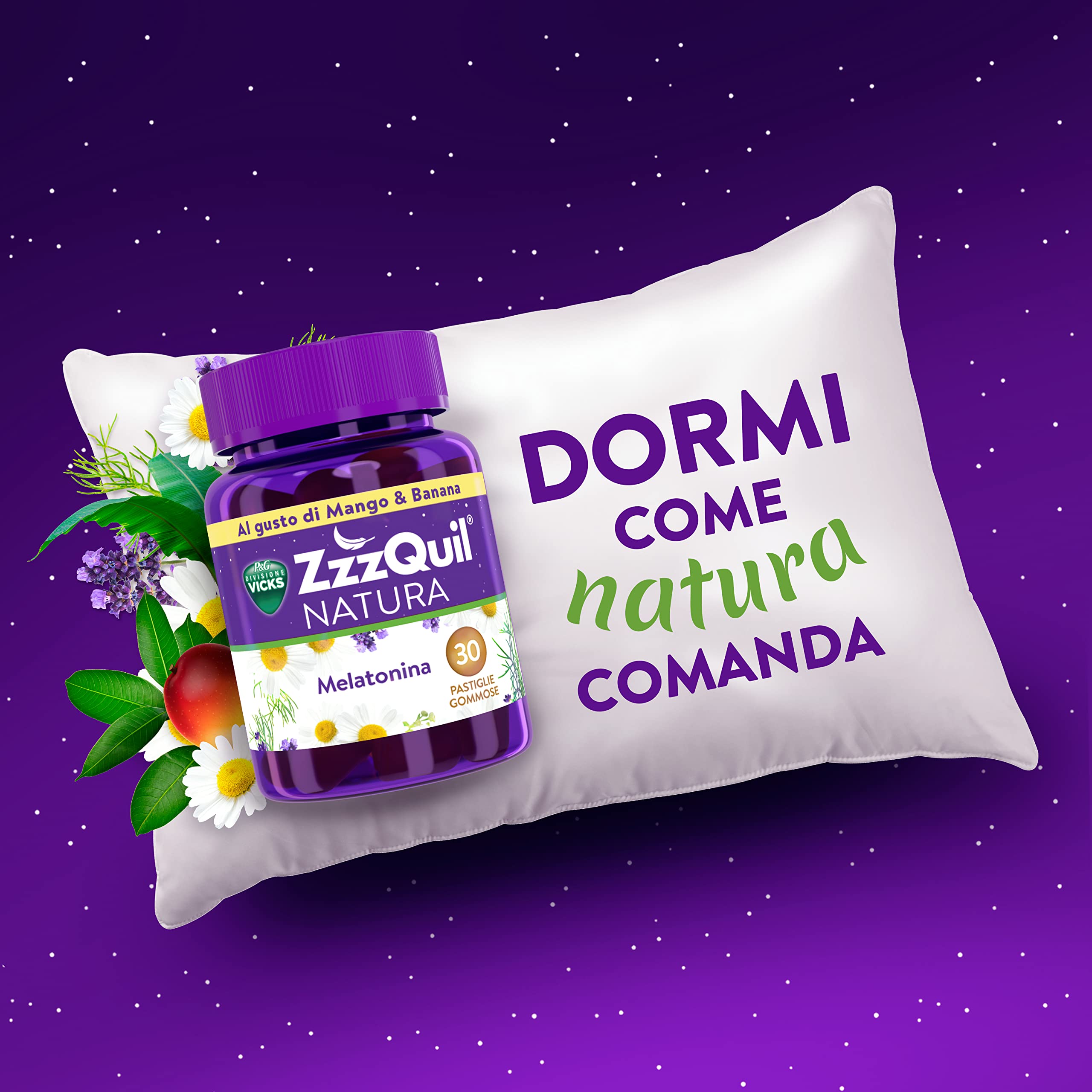 ZzzQuil Natura, MELATONINA per DORMIRE, INTEGRATORE con MELATONINA pura ed Estratti di Valeriana, Camomilla e Lavanda, MAXI FORMATO 2x72 Pastiglie Gommose, Gusto MISTO, FRUTTI DI BOSCO e MANGO BANANA