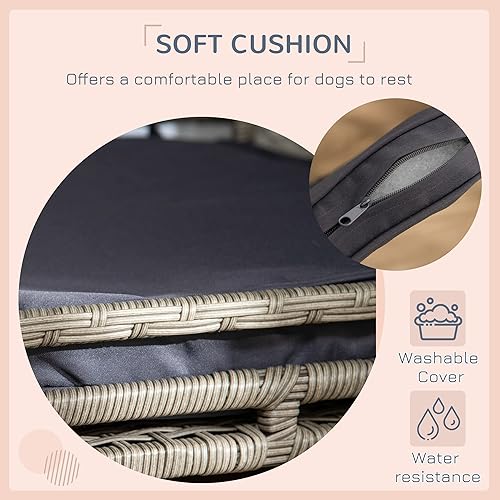 Miniatura 6 de PawHut Casa de mimbre para perros al aire libre con toldo, cama de ratán para perros con cojín suave resistente al agua, casa para perros pequeños