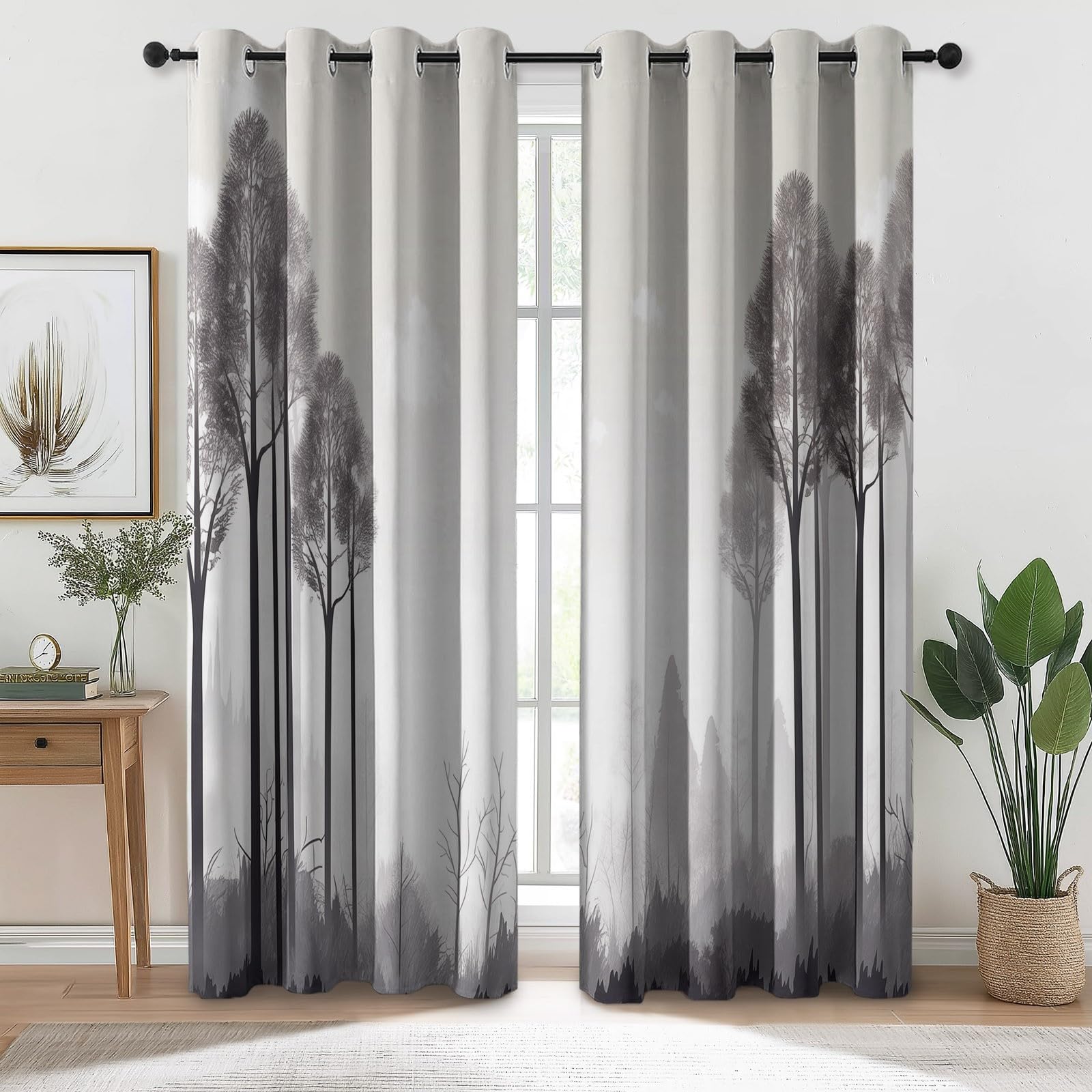 Zasłony zaciemniające do sypialni szer. 117 cm x dł. 229 cm (2 panele), abstrakcyjne drzewa dżungli, latające ptaki, zasłony na przelotkach do salonu, izolacja termiczna, zasłony okienne do jadalni