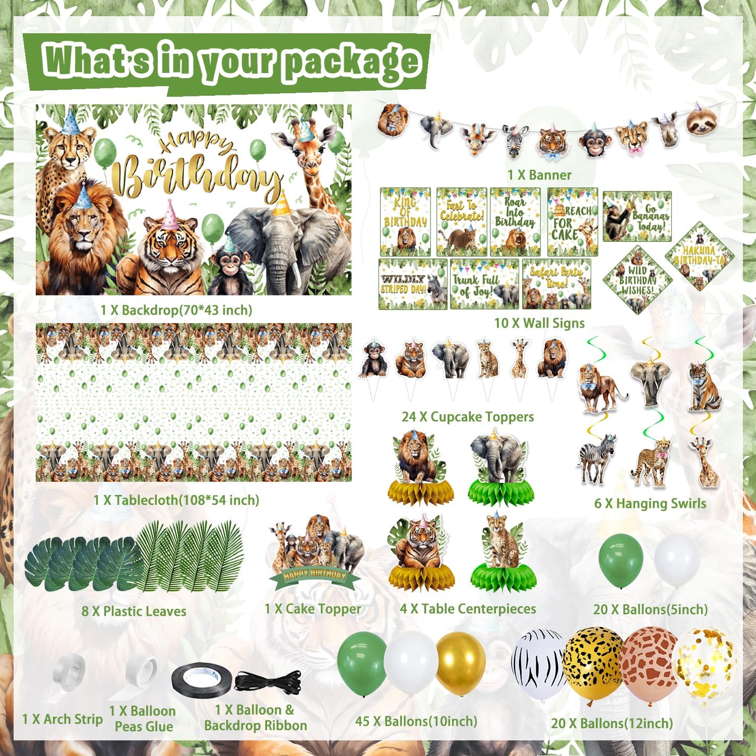 Mpanwen Safari Birthday Decorations, 140Pcs Zoo Jungle Animal Theme Party Decorations Supplies for Baby - Backdrop, Banner, Cake, Cupcake Toppers, Palm Leaves, Tablecloth, Hanging Swirls, Wall Signs