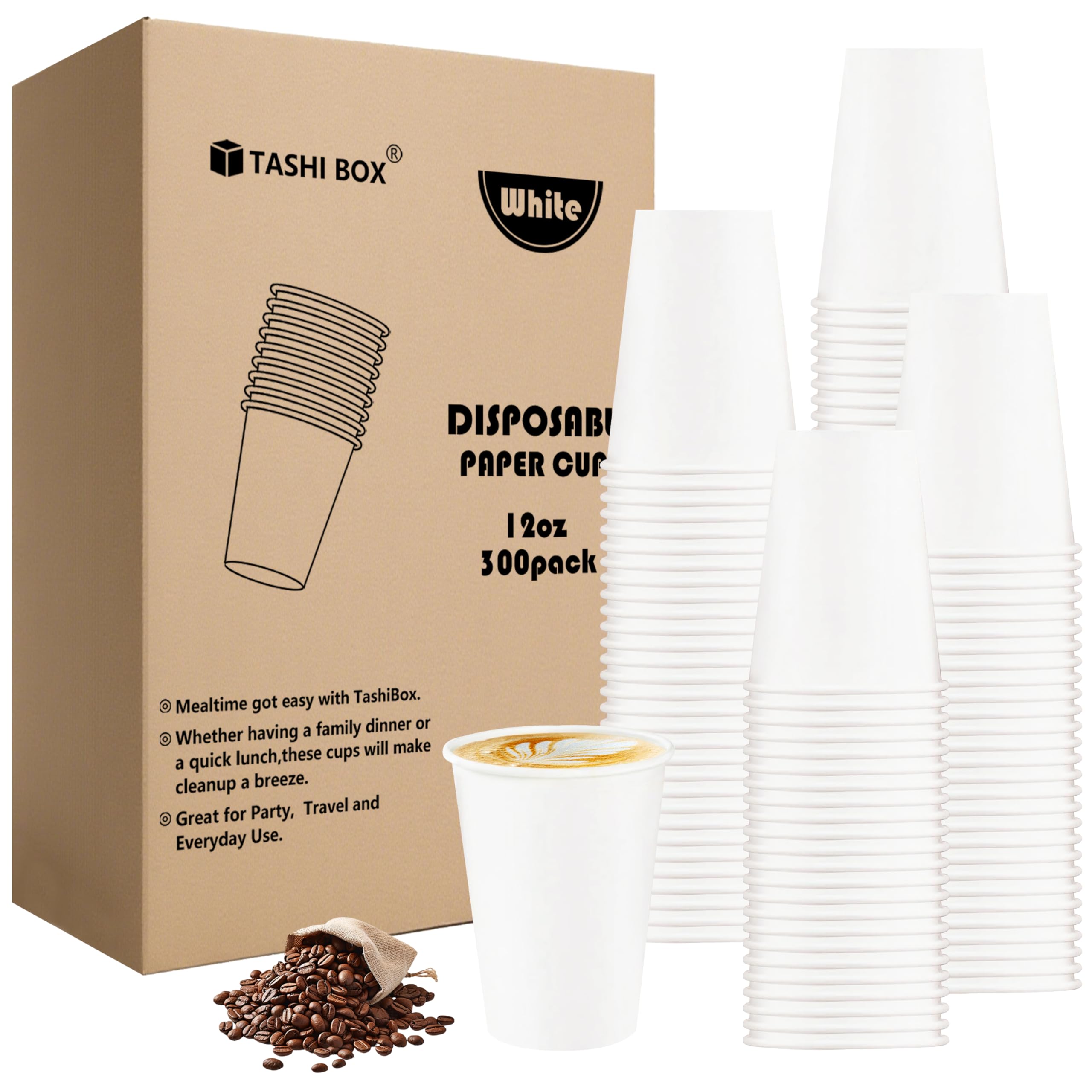 TashiBox 300 Count 12 oz Disposable Paper Coffee Cups - White Paper Cups for Party, Office, Cafes - Perfect for Cold and Hot Drinks
