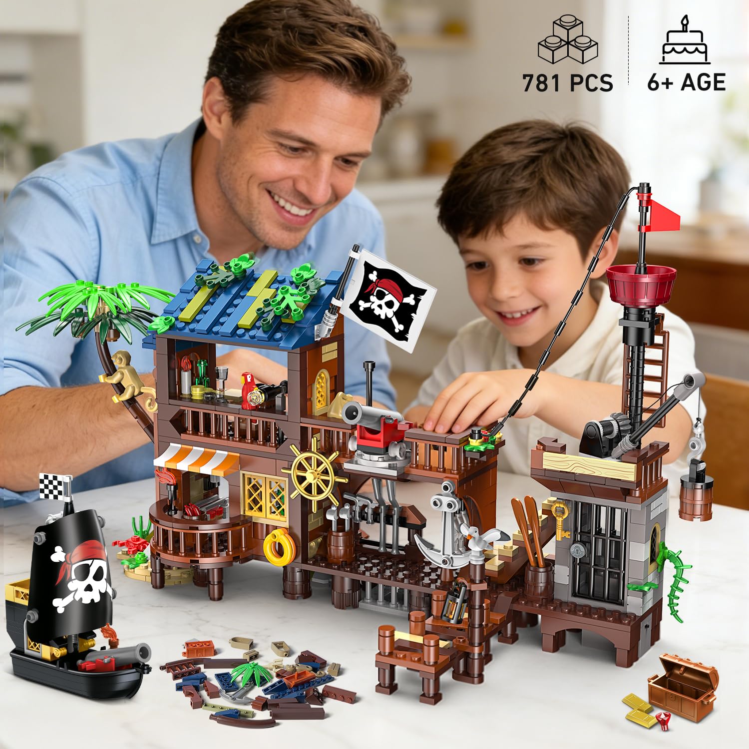 HOGOKIDS Set di costruzioni Porto dei Pirati LED, 3 modalità di visualizzazione, Nave dei Pirati, Giocattolo di costruzione creativo STEM, compleanno per bambini dai 6 ai 12 anni