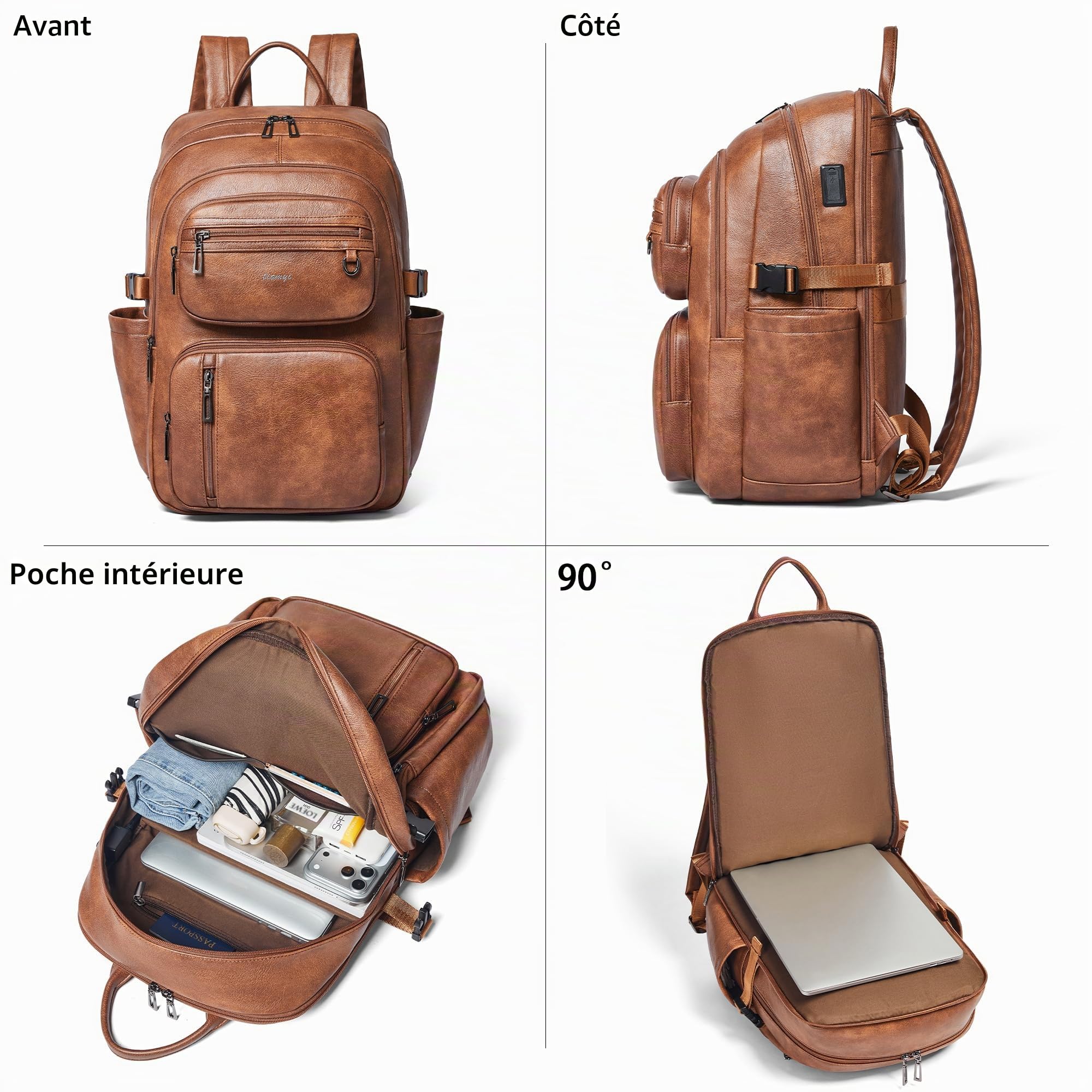 Sac à Dos en Cuir Végan Homme et Femme, Compatible avec Ordinateur 17 Pouces, Sac à Dos de Voyage Cabine avec Sangle Valise, Design Élégant, Brown