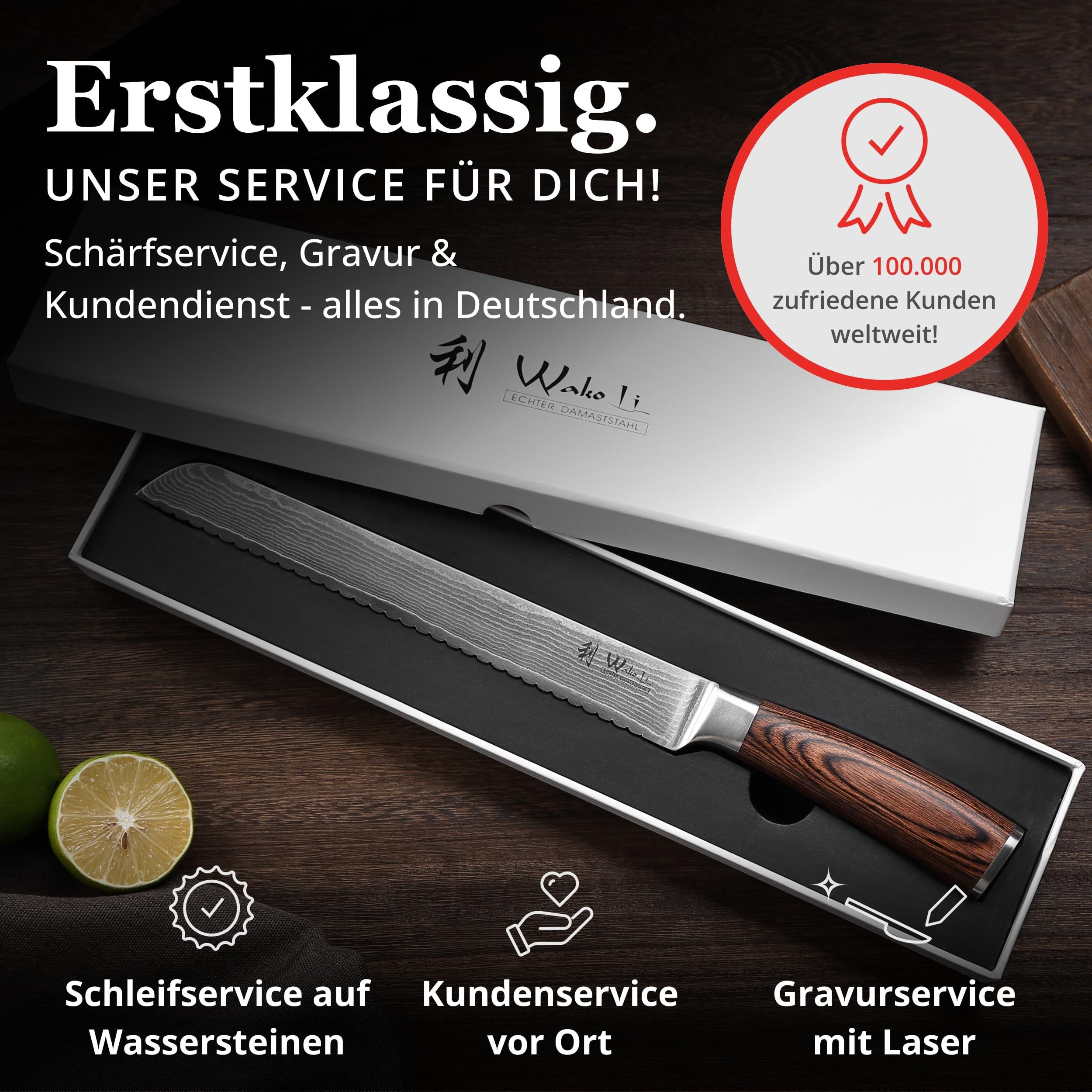 Wakoli EDIB Brotmesser Wellenschliff aus echtem Damaststahl (VG10 Kern) mit 20 cm Klinge – Scharf & ergonomisch – Damastmesser mit Pakkaholzgriff in Geschenkbox – Brotschneidemesser für krosse Krusten