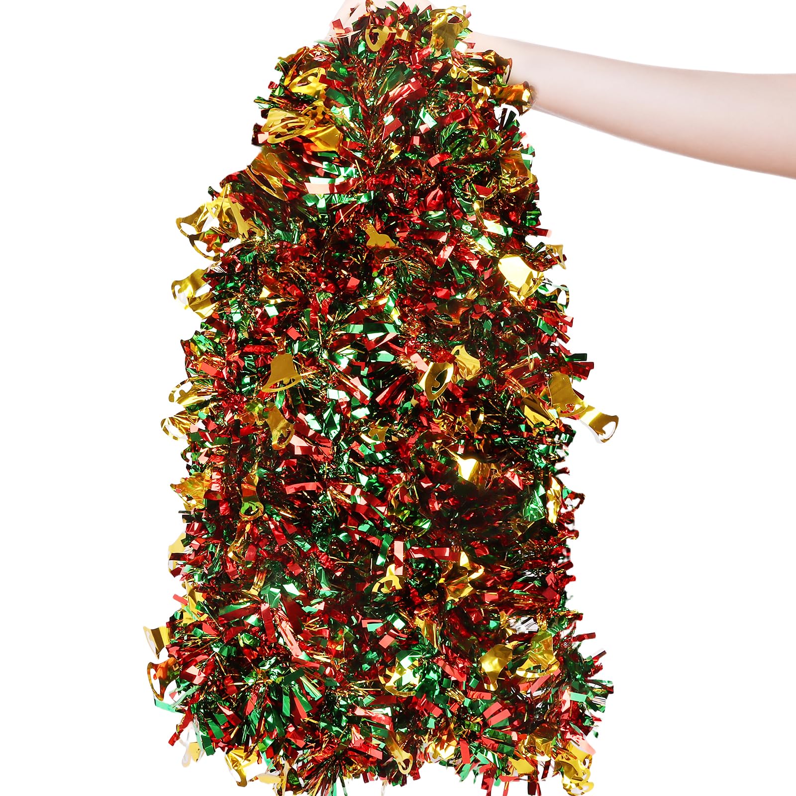 LOKIPA 10M/32.8Ft Christmas Tinsel Garlands, Red and Green with Bell Xmas Metallic Chunky Tinsel Garland for Christmas Tree Decorations