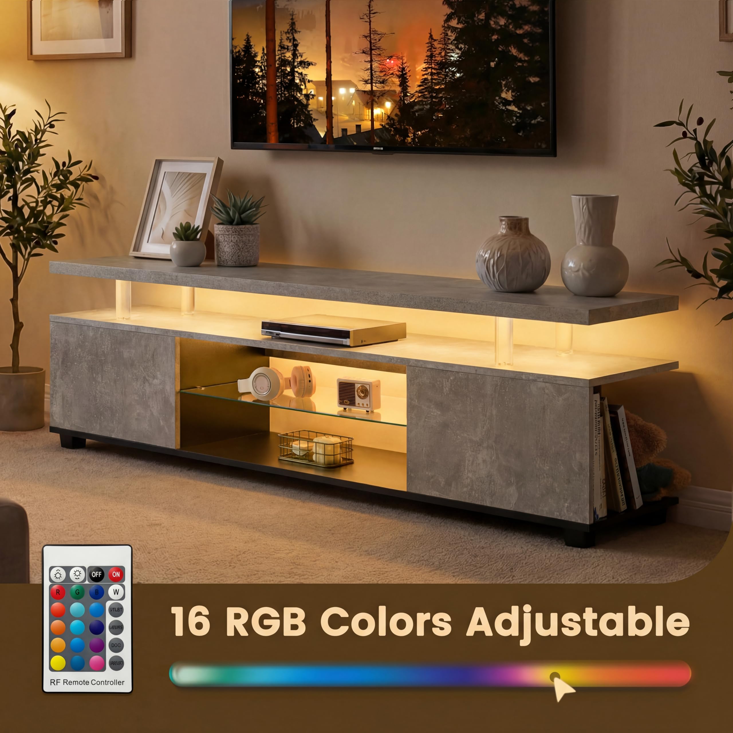 Mueble bajo para TV con LED multicolor y 3 compartimentos de almacenamiento