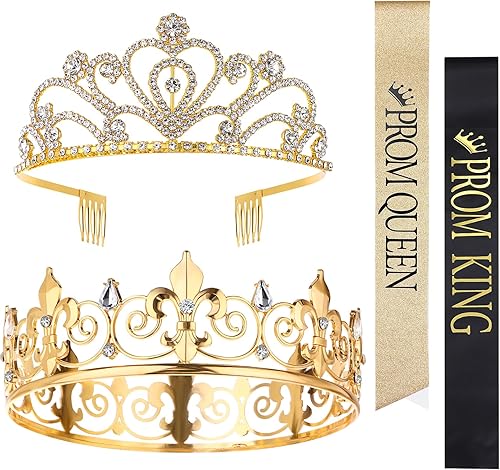 Miniatura 8 de Juego de 4 coronas de graduación King y Queen con fajas, coronas King para hombres, banda de satén brillante con diamantes de imitación, corona de