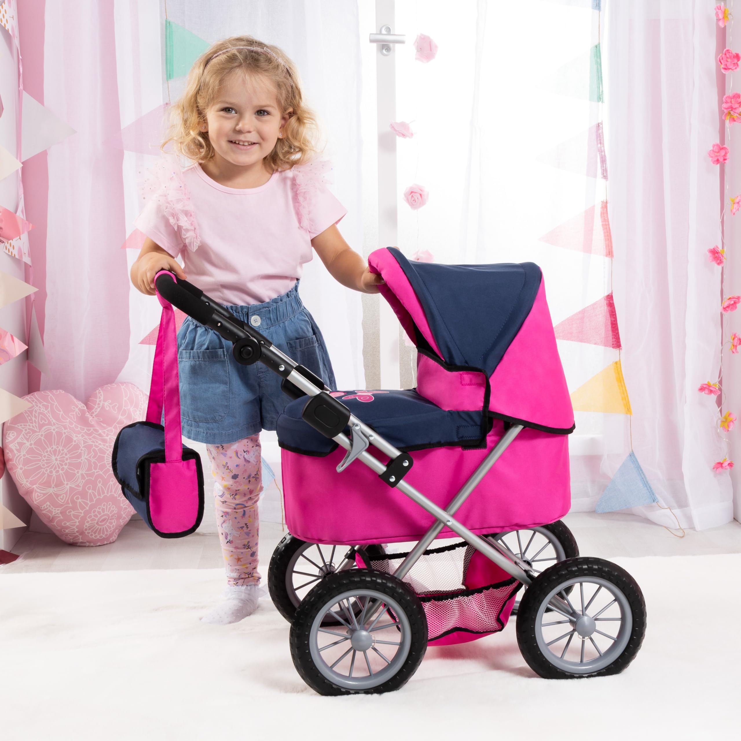 Bayer Cochecito de muñecas, carro, carrito muñeco, con bolsa, alto, color rosa y azul (13013AA) | rosa, azul