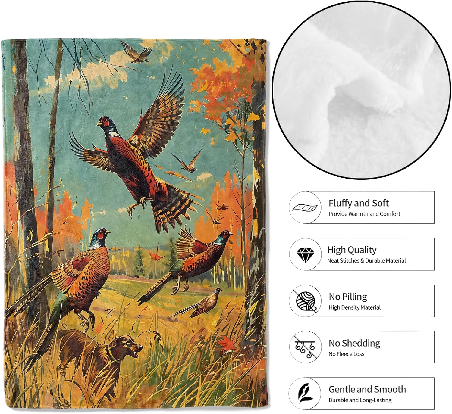 Vintage Pheasant Hunting Throw Blanket, 50x60in, Soft, Lightweight Flannel,Retro Autumn Scene with Upland Bird Dog Fall Tree Blankets, Gifts for Hunters, for Cabin Home Living Room Decor