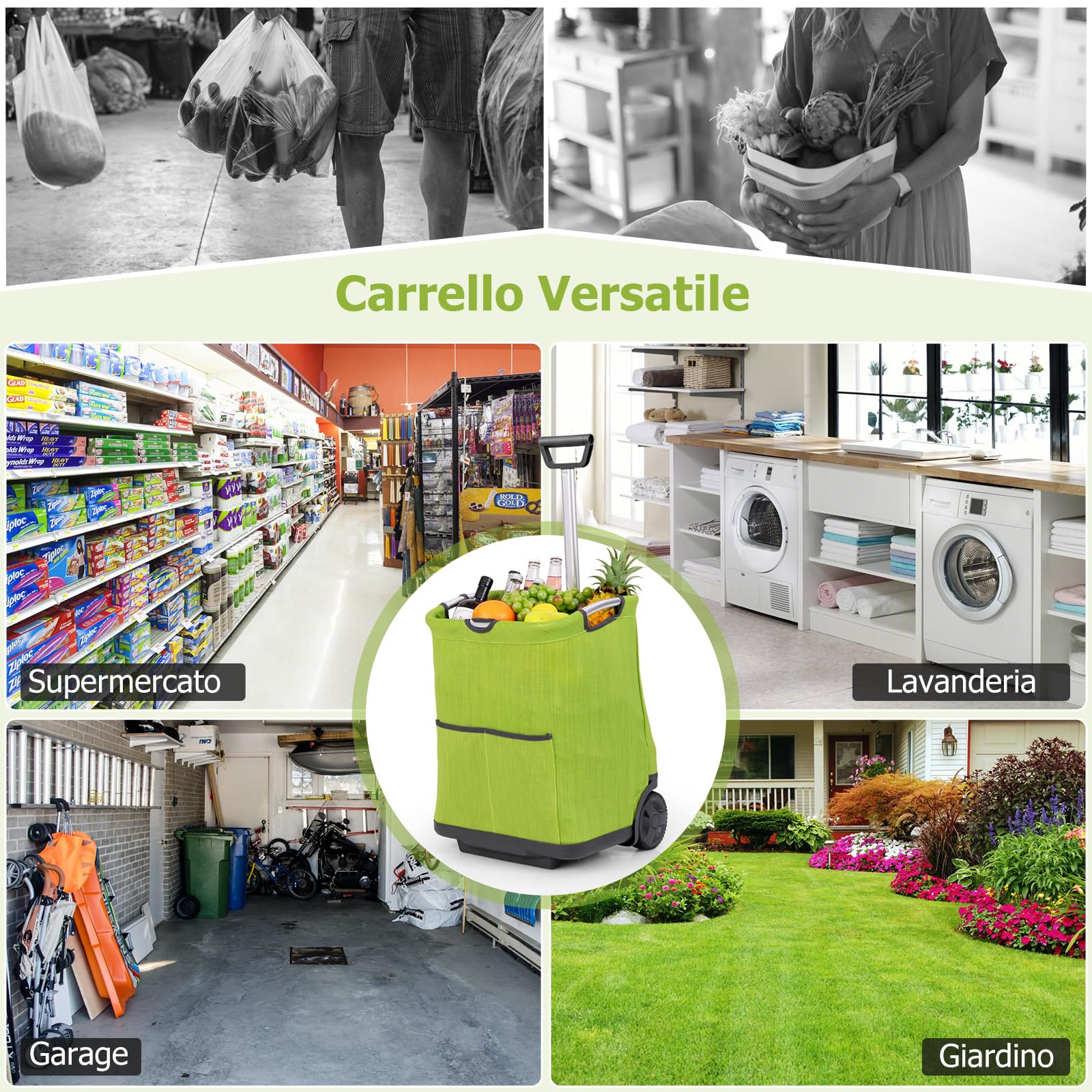 COSTWAY Carrello Spesa Pieghevole in Alluminio, Trolley Spesa con Ruote, Tasche Multiple e Manico Telescopico Regolabile, Capacità 50L, Caricabile fino a 35 kg (Verde)